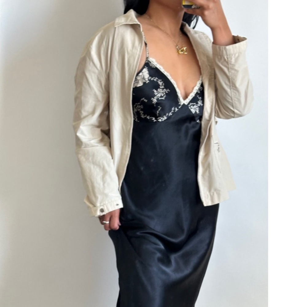 VINTAGE 90s Satin Slip Dress Black Floral With Lace Size- Small, also fits a M - Picture 2 of 13